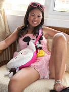 Perfect boobs oriental bimbo in pink panties and on high heels sucking pink fuck toy.