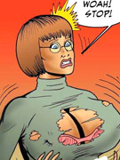 Horny cartoon bitch in glasses gets her boobs growing fast