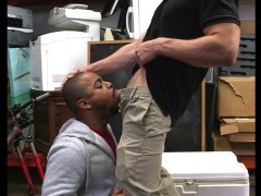 Black dude in blue shorts gets his throat fucked deeply in the pawn shop