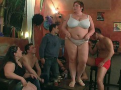 The party in the pub features three fat sluts sucking and fucking their horny guys