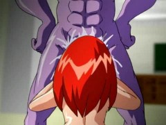 Red anime bitch struggling with independent monster's purple cocks