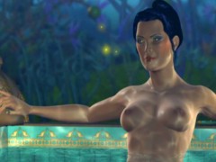 All nude 3d stunner being watched while relaxing in the pool.