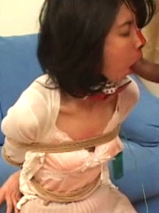 Roped asian babe in a dress jeered with gags and nasal hooks roughly