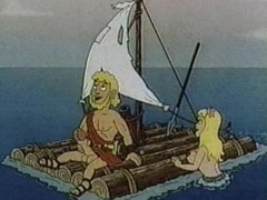 Greeks cartoon guy banging hot blonde nymph on the raft.