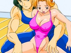 Flexible big boobed anime babe has her pussy touched through her undies.